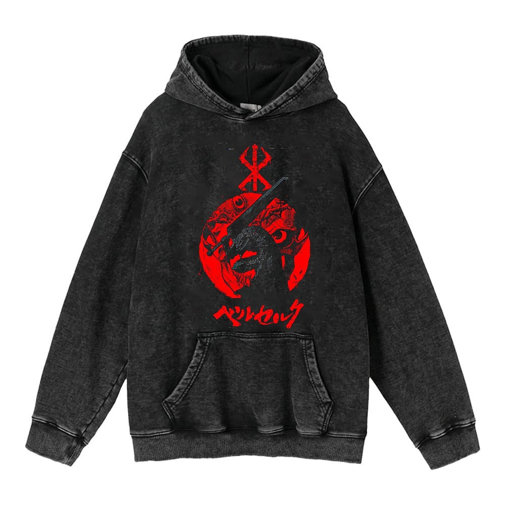 American retro washed hoodie for men and women, hip-hop sword style legendary dark print hoodie, distressed