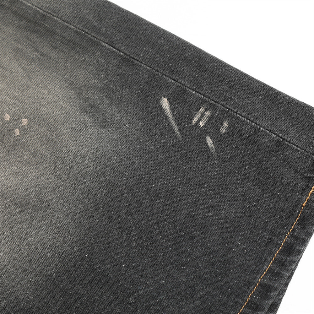 Punk Faded Washed Denim Shorts Men's Straight Leg Summer Ink Splatter Wide-Leg Five-Point Pants Trendy