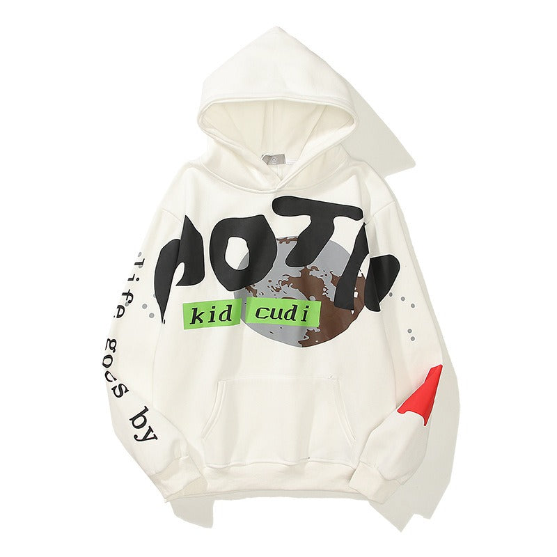 European and American Style Kanye Kanye Male And Female Graffiti Cartoon Printed Hoodie With Plush Jacket
