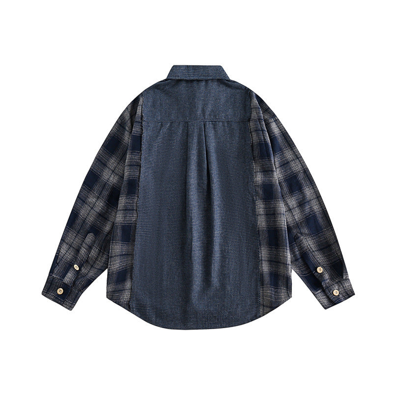 Plaid patchwork denim collar men's and women's shirt