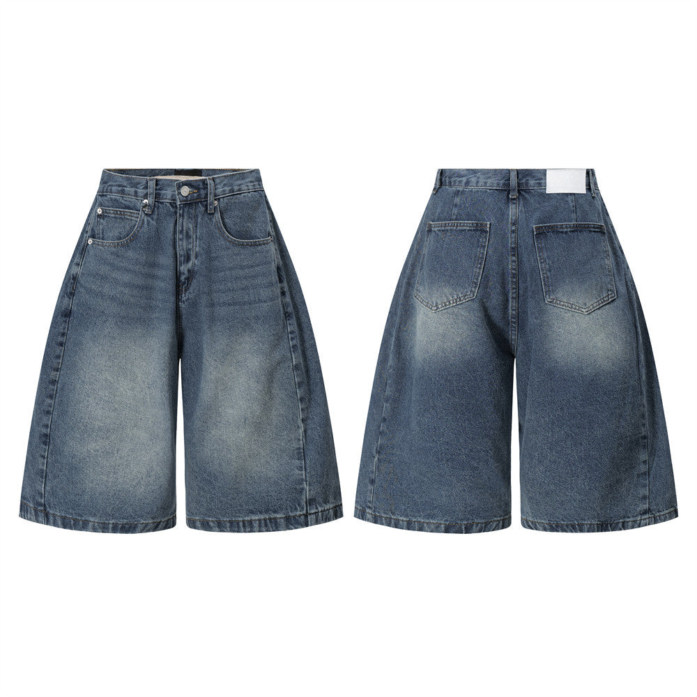Punk Washed Distressed Denim Shorts Men's Loose Wide-Leg Daily Casual Pants Deconstructed Patchwork Straight Leg Knee-Length Pants
