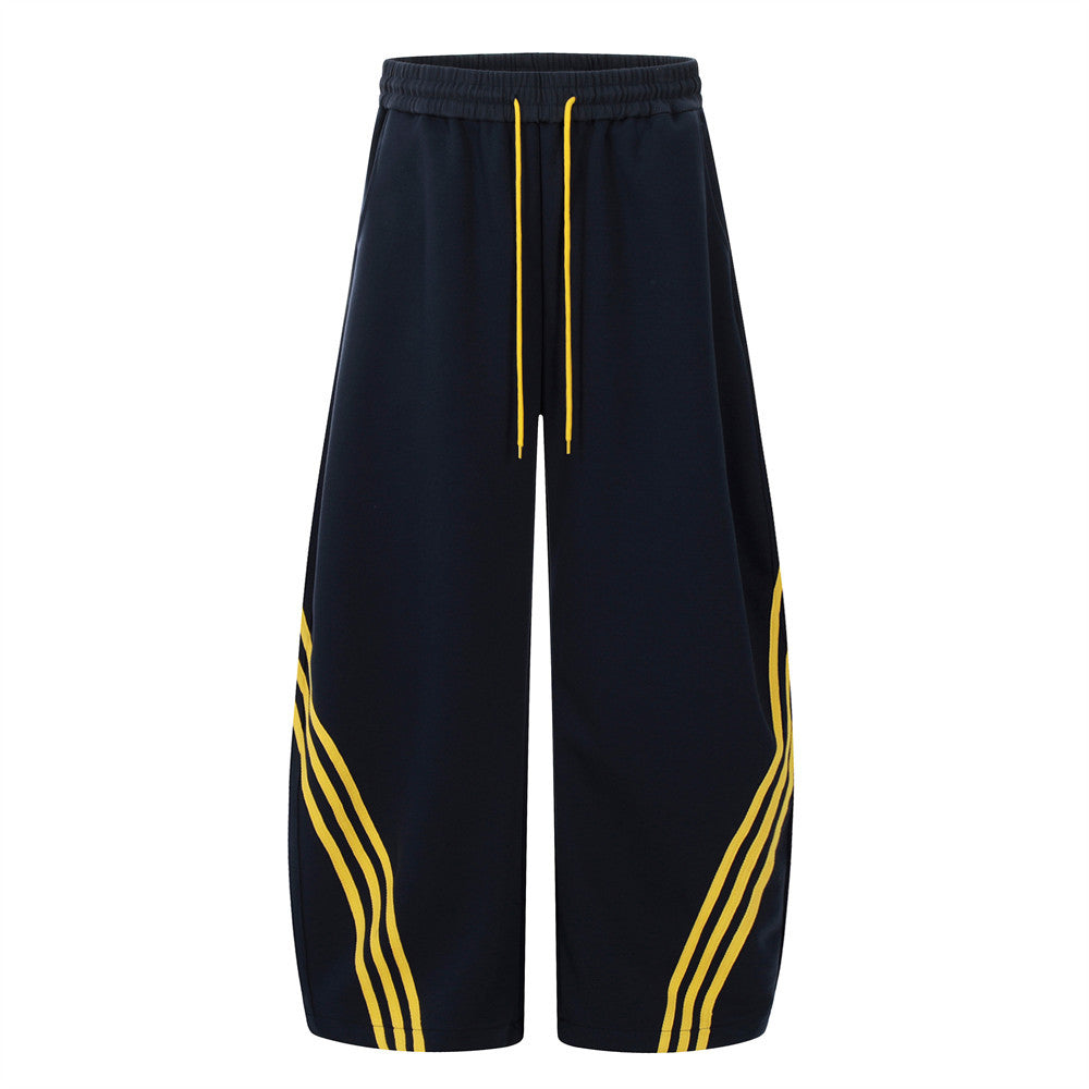 Color Block Three-Stripes Curved Knife Casual Pants Men's INS Trendy Design Sporty Loose Wide-Leg Long Pants