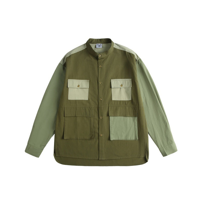 Color blocked pocket shirt men's loose casual shirt