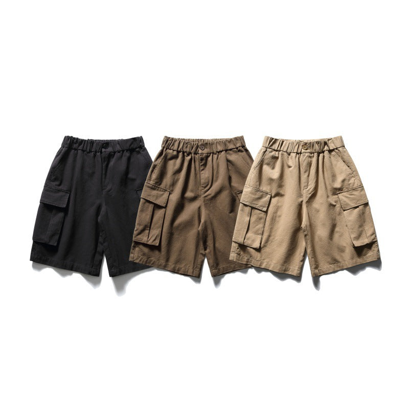 Solid color heavy-duty washed large pocket loose workwear shorts for men