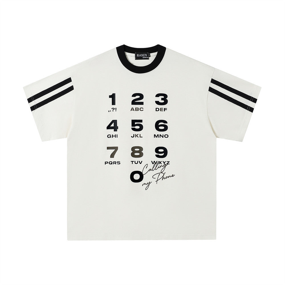 Creative Personality Digital Print Short Sleeve T-Shirt European and American Trendy INS Summer Men's Spliced Stripe Round Neck Three-Quarter Sleeve