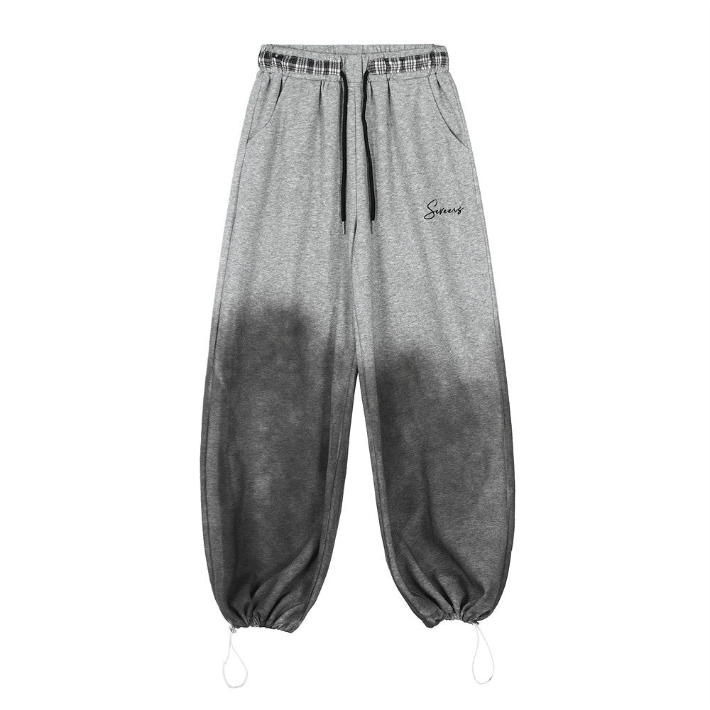 Gradient Color Block Casual Pants Hip Hop Distressed Embroidered Sweatpants Men's Loose Straight Drawstring Long Pants