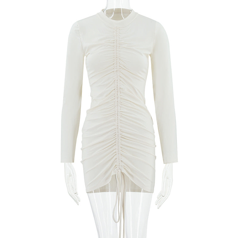 Stand up collar pleated long sleeved pleated solid color short dress