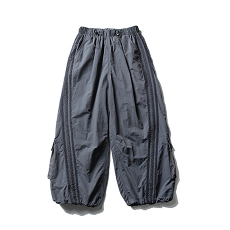 Multi-Pocket Work Pants Men's Long Trousers Vibe High Street Side Stripes Three Bars Wide Leg Loose Parachute Pants