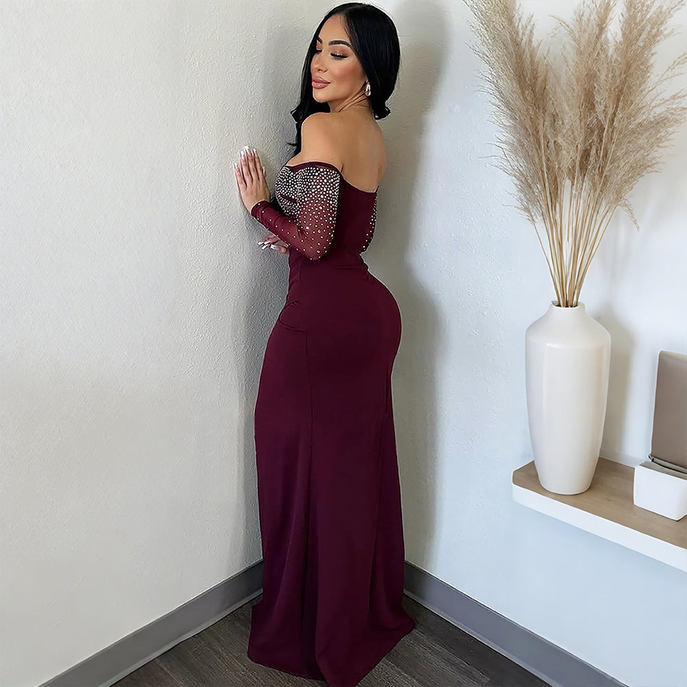 Solid Color Long Dress with High Slit and Rhinestone Embellished Strapless Design for Women