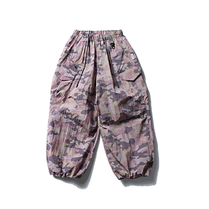 High Street Workwear Wide-Leg Camouflage Pants Men's Long Pants Design Pleated Tie-Dye Camouflage Drawstring Cuffed Trousers Trendy