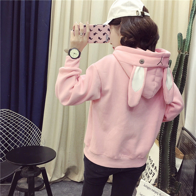 Women Cute Bunny Hoodie Long Sleeve Hoodie Lovely Female Rabbit Hoody Sweatshirts Loose Size Lovely Cotton Treetwear