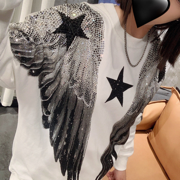 Autumn and winter luxury fashion hoodie for men and women, heavy-duty hot stamping, full diamond, large wings, wings, round neck pullover, couple style