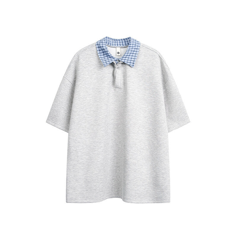 Checkered patchwork lapel fake two loose half sleeved polo shirts