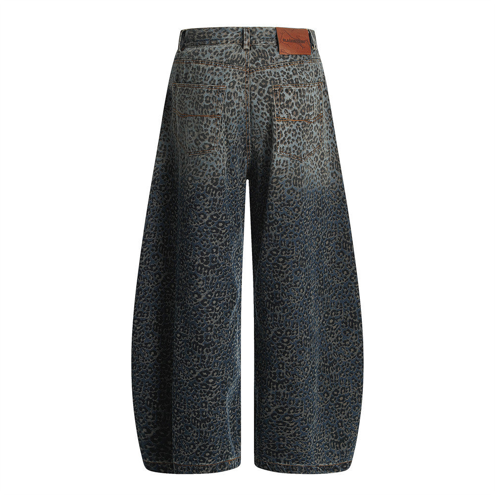 Retro Leopard Print Knife-Edge Jeans Men's High Street Vibe Trendy Washed Out Wide Leg Long Pants