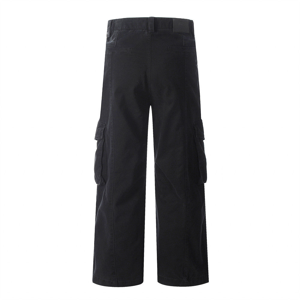 High Street Wide-Leg Work Pants Men's Vibe Trendy Pleated Multi-Pocket Design Solid Color Loose Straight Leg Long Pants
