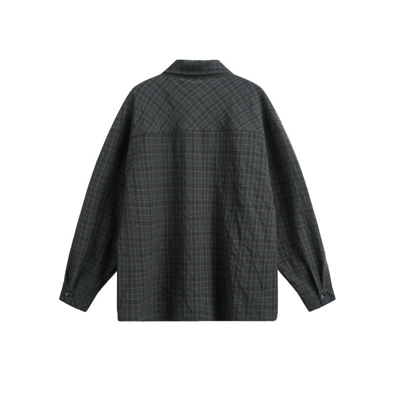 Color blocking plaid long sleeved shirt for men