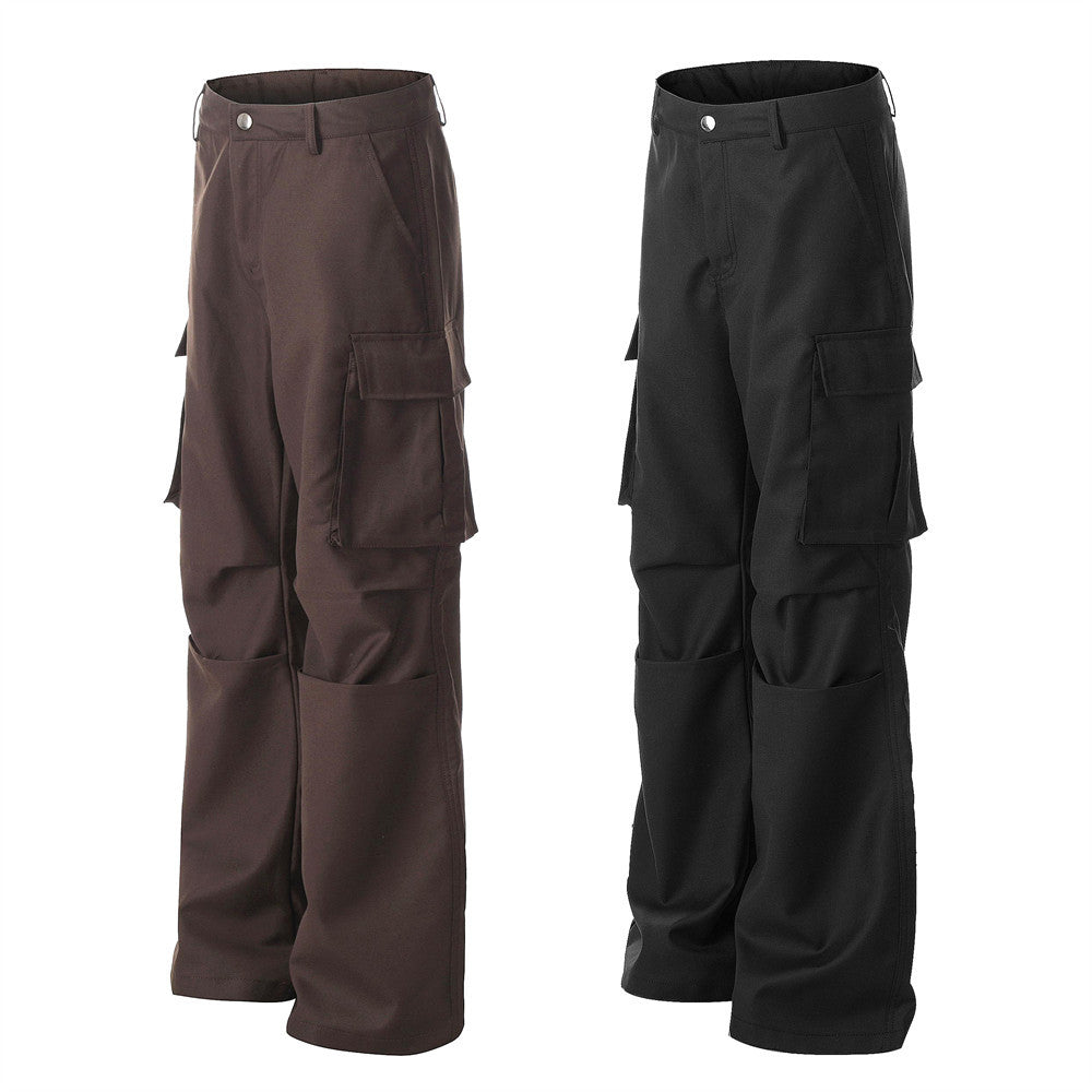Loose Workwear Wide-Leg Flare Trousers Men's Unique Design Pleated Paratrooper Casual Long Pants Vibe Trend Micro Flare Pants