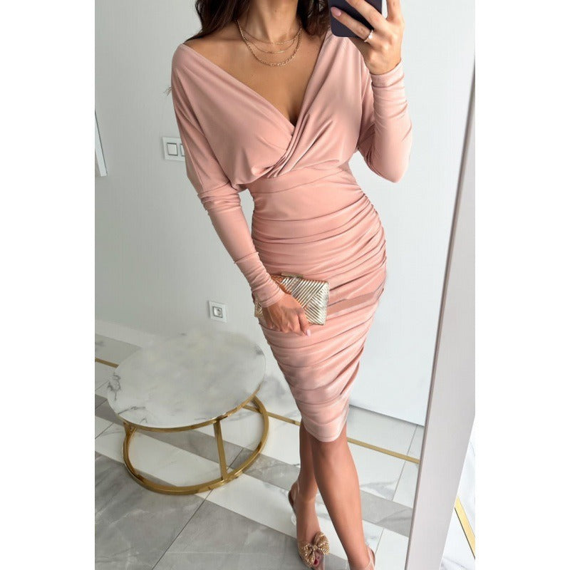 Long sleeved V-neck sexy waist wrapped buttocks dress for women