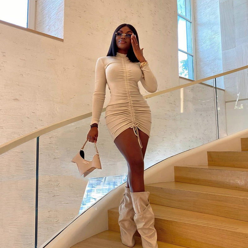 Stand up collar pleated long sleeved pleated solid color short dress