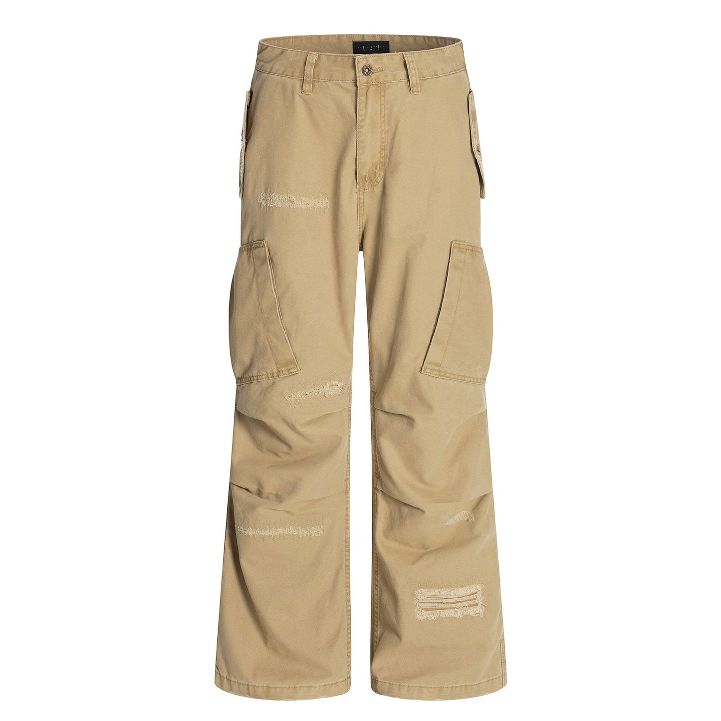 High Street Design Multi-Pocket Workwear Long Pants Men's Vibe Trendy Ripped Patch Pleated Loose Wide-Leg Pants