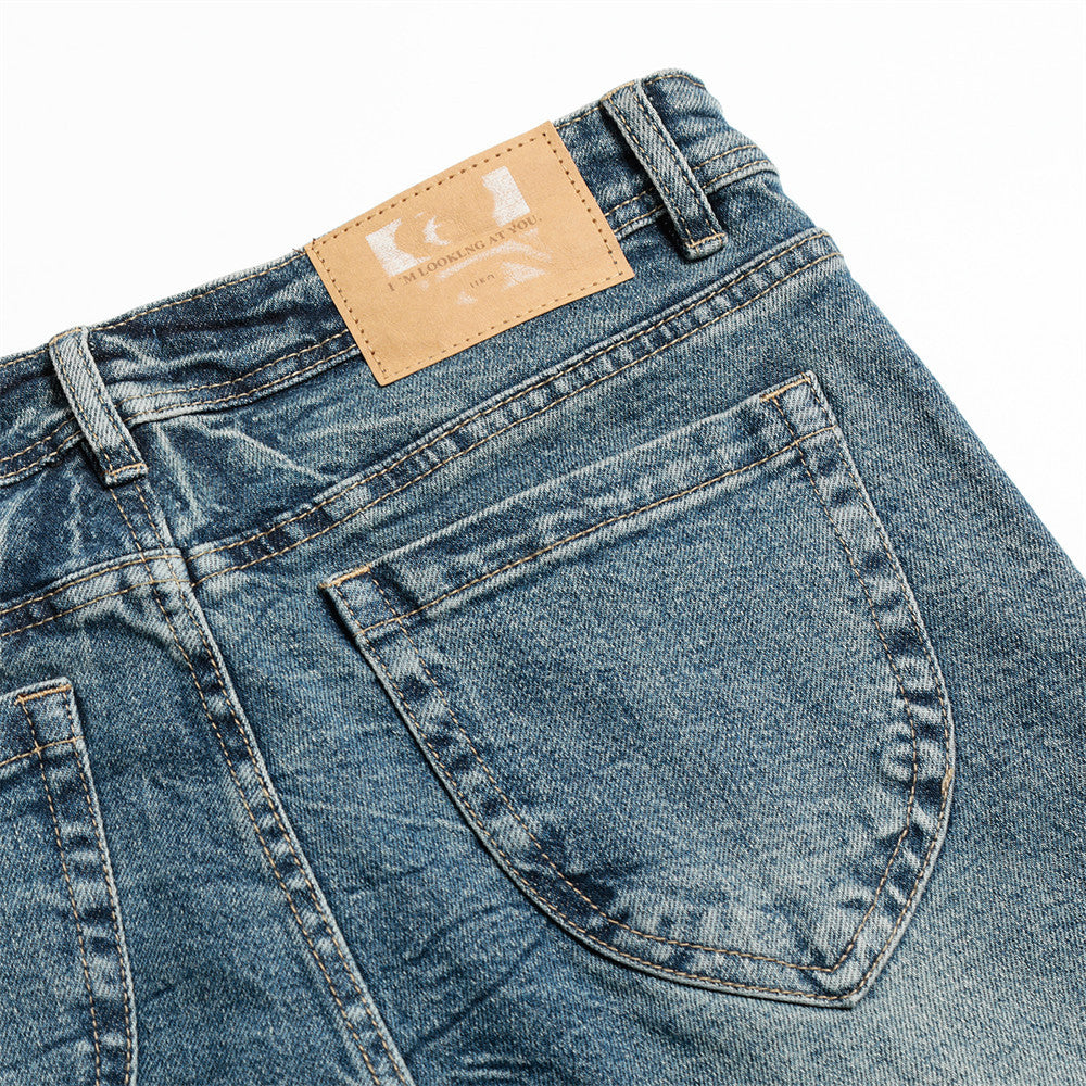 Style Vintage Washed Denim Flare Pants Men's Long Trousers with Unique Pocket Design and Slim Fit