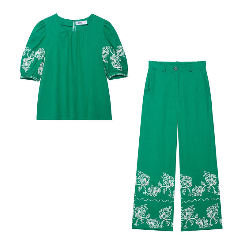 Summer New Style Women's Fashion Casual Short Sleeve Embroidered Top Wide Leg Pants