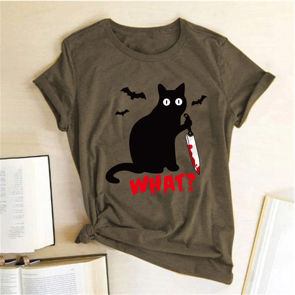 Black Cat What Tshirt Murderous Cat Knife Women Funny T Shirt Short Sleeve Halloween Tops Tees