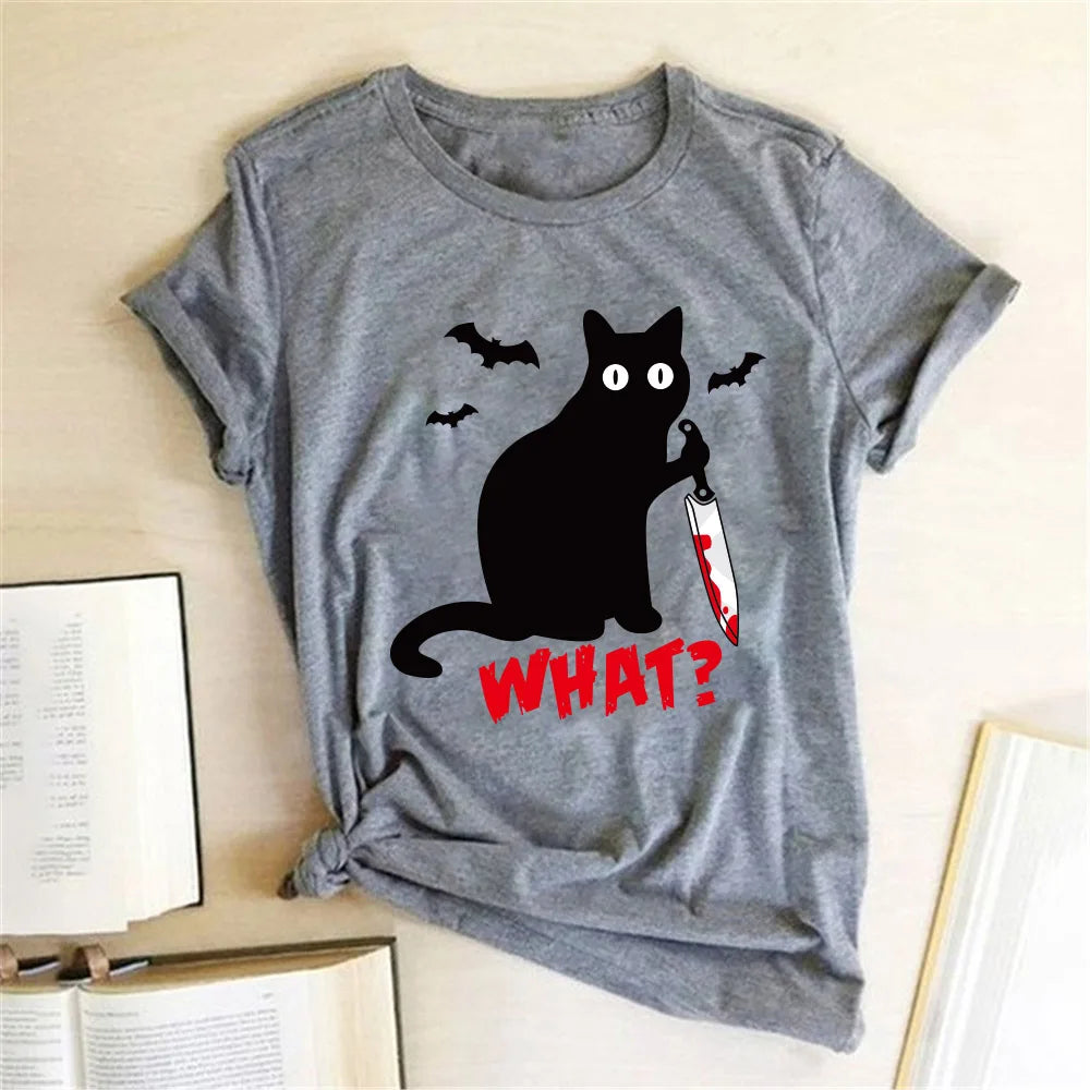 Black Cat What Tshirt Murderous Cat Knife Women Funny T Shirt Short Sleeve Halloween Tops Tees