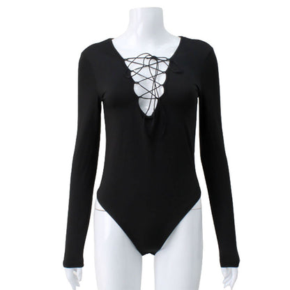 Solid color long sleeved chest hollow lace up sexy spicy girl tight jumpsuit