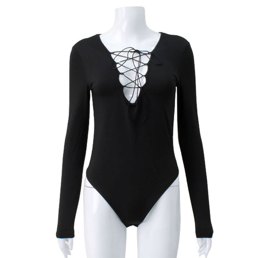 Solid color long sleeved chest hollow lace up sexy spicy girl tight jumpsuit