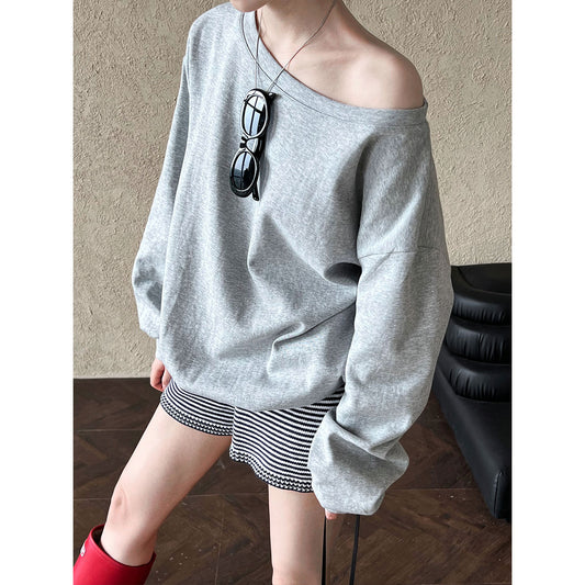 Slanted shoulder hoodie women's one neck off the shoulder top