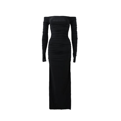 One line neck backless pleated long sleeved dress with hip opening