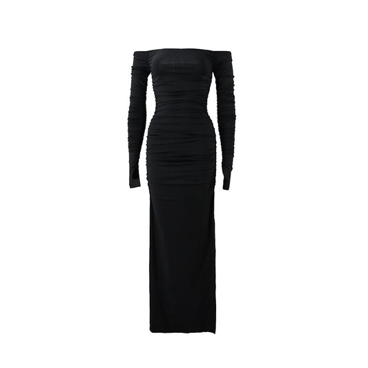 One line neck backless pleated long sleeved dress with hip opening