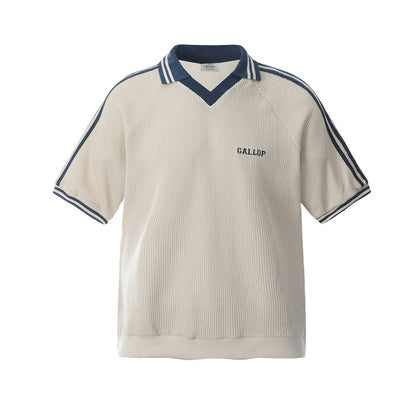 Summer Men's Polo Shirt Spliced Stripe Three-Stripes V-Neck Flip Collar Short Sleeve T-Shirt High Street Trendy Loose Top