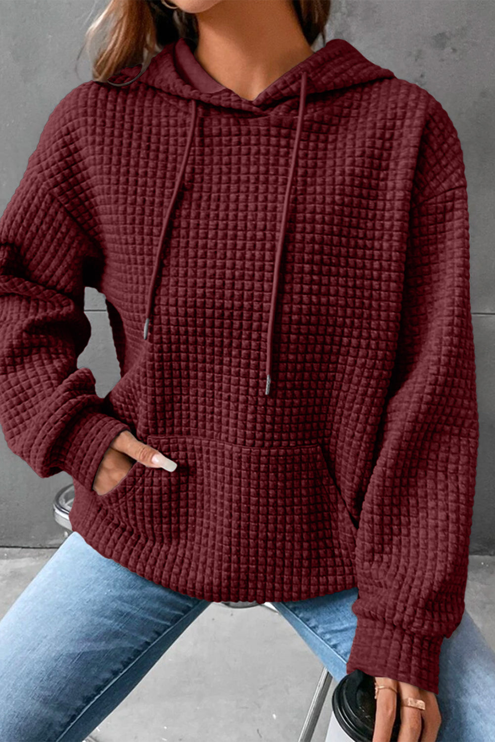 Fiery Red Quilted Kangaroo Pocket Drawstring Hoodie