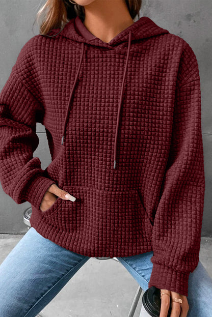 Fiery Red Quilted Kangaroo Pocket Drawstring Hoodie