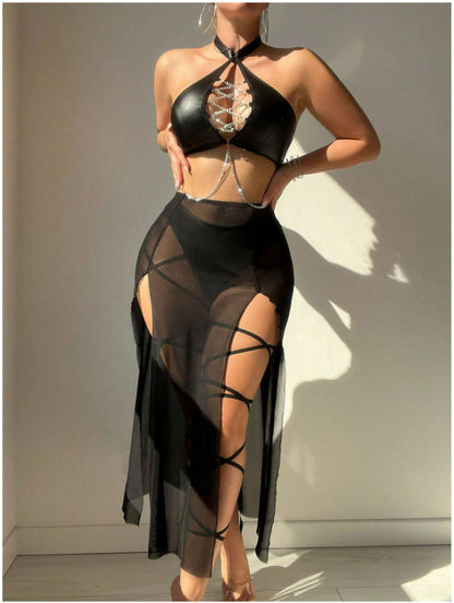 Sexy Cross-Tied Lingerie Set with Hollow-Out Design and Patent Leather Sleepwear