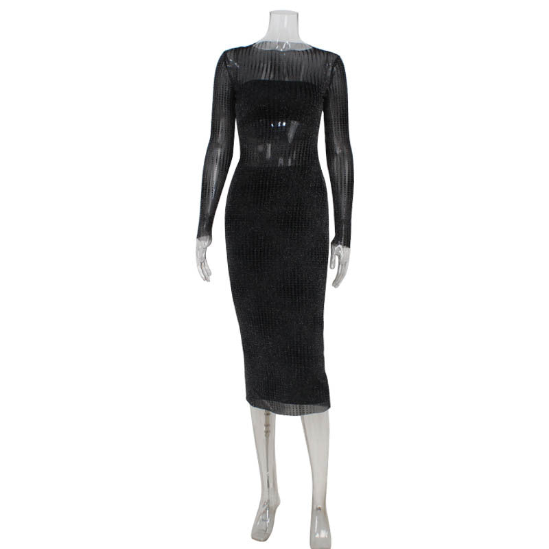 Sexy mesh see through slim fit dress three piece set