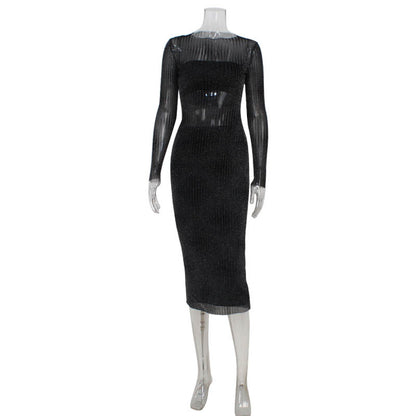 Sexy mesh see through slim fit dress three piece set