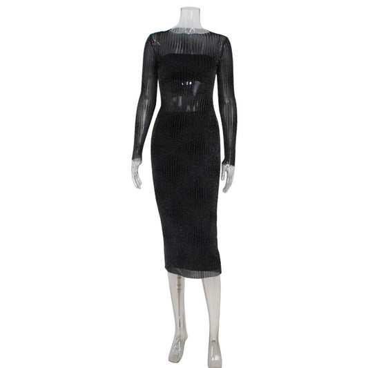 Sexy mesh see through slim fit dress three piece set