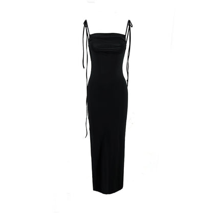 Backless suspender hip hugging long solid color dress