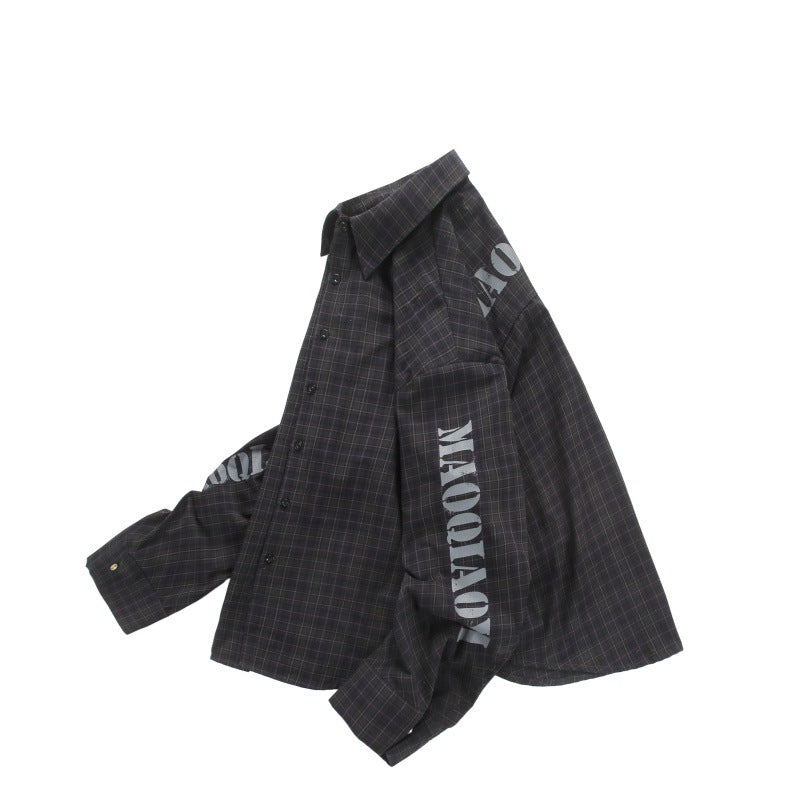 Silhouette plaid long sleeved men's and women's letter printed shirt