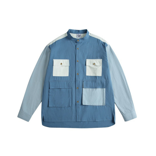 Color blocked pocket shirt men's loose casual shirt