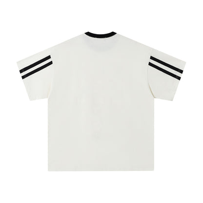 Creative Personality Digital Print Short Sleeve T-Shirt European and American Trendy INS Summer Men's Spliced Stripe Round Neck Three-Quarter Sleeve