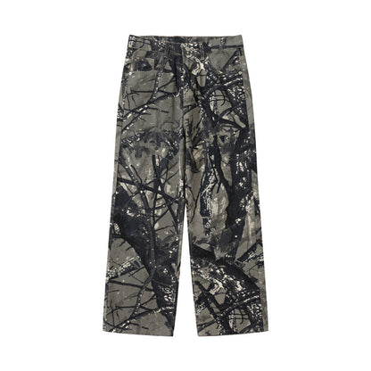 Digital Print Tree Camouflage Straight Leg Long Pants Men's Work Pants Hip Hop Trendy Sports Loose Outdoor Camouflage Trousers