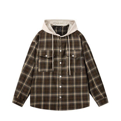 Striped checkered cardigan fake two hooded men's and women's shirts