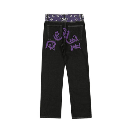 Letter Print Color Block Splicing Denim Pants Men's Loose Straight Leg Long Trousers Trendy Casual Pants