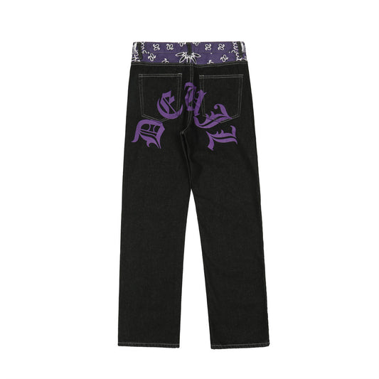 Letter Print Color Block Splicing Denim Pants Men's Loose Straight Leg Long Trousers Trendy Casual Pants