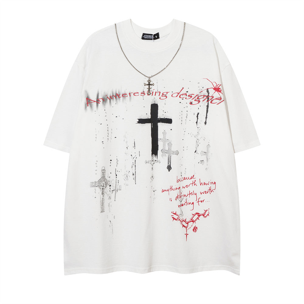 Dark Street Cross Loose Short Sleeve Necklace T-Shirt Men's Summer Metal Chain Decorated Personality Tee Trendy