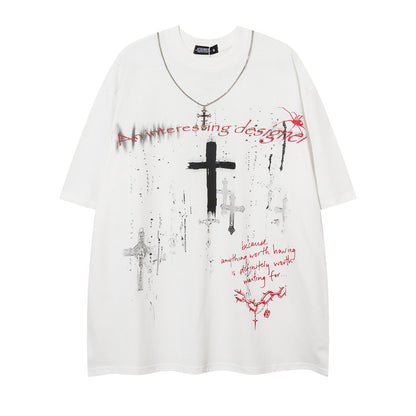 Dark Street Cross Loose Short Sleeve Necklace T-Shirt Men's Summer Metal Chain Decorated Personality Tee Trendy